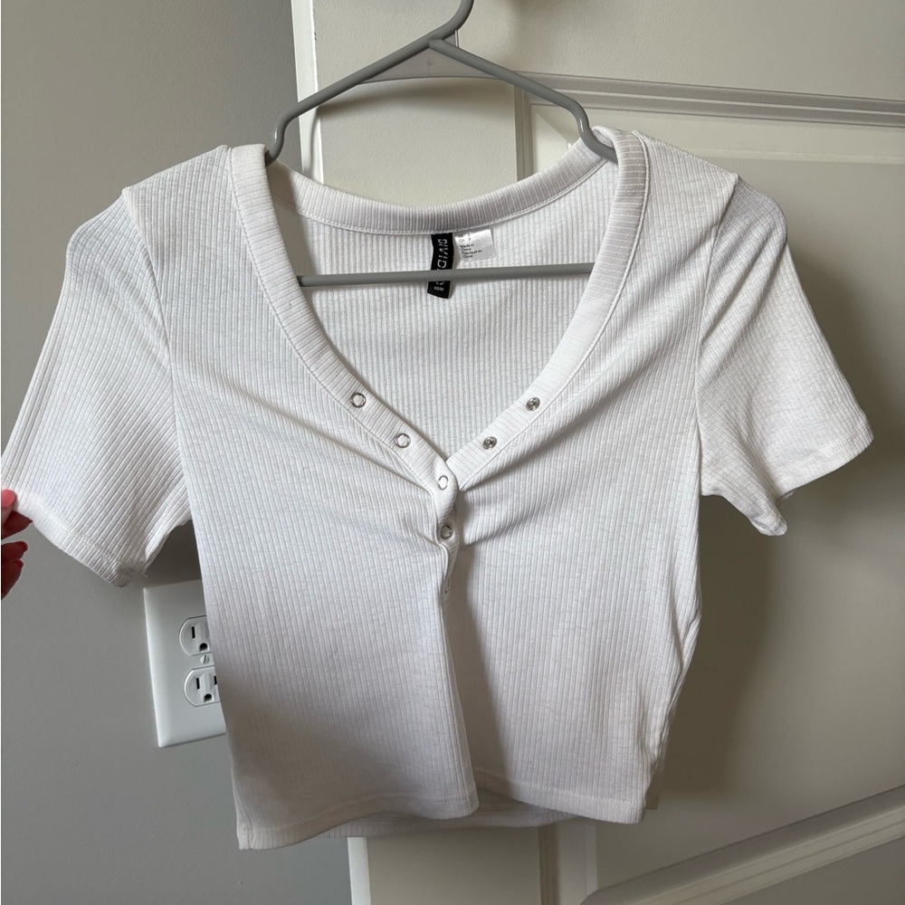 Divided White Crop Buttoned Tie Front T-Shirt